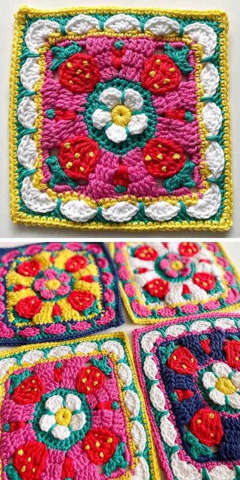 Bright and atmospheric, this crocheted square will remind you of the days spent with grandma in the village. It preserves the spirit of summer, cheerful and warm, and allows you to feel this atmosphere during the cold months of the year. The blanket made with these squares will be very cozy. The free crochet pattern is easy to follow. #freecrochetpattern #crochetsquare #crochetbuildingblocks #fruitcrochet Funky Crochet Patterns Free, Funky Granny Squares, Funky Crochet Patterns, Fun Crochet Blanket, Fun Granny Squares, Dnd Crochet, Strawberry Granny Square, Home Crochet Patterns, Cottagecore Crochet