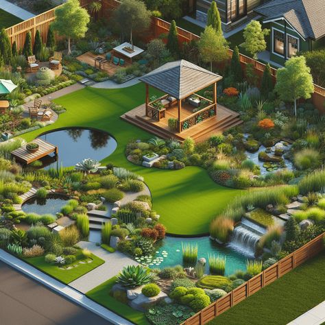 Backyard Landscape Design Layout, Luxury Backyards, Waterfall Designs, Tranquil Home, Masonry Work, Pond Waterfall, City Layout, Fragrant Garden, Home Environment