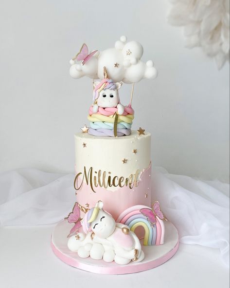 Unicorn Cake First Birthday, Butterfly Cake Rainbow, Sleeping Unicorn Cake, Butterfly Unicorn Cake, Unicorn Fairy Cake, Unicorn Princess Cake, Unicorn Buttercream Cake, Rainbow Butterfly Cake, Unicorn And Rainbow Cake