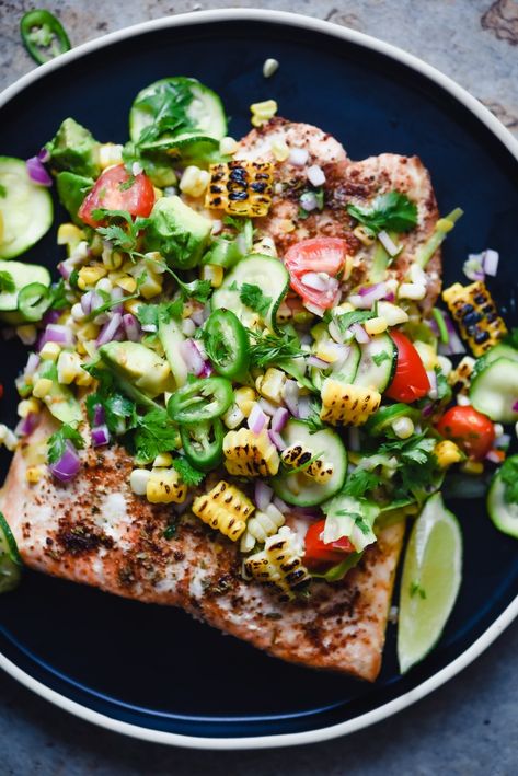 Grilled Salmon with Corn Zucchini Salsa | Nourish Deliciously Summer Dinner Recipes Salmon, Zucchini Salsa, Romania Food, Corn Zucchini, Raw Veggies, 2024 Recipes, Salmon Dinner, Healthy Summer Recipes, Grilled Salmon