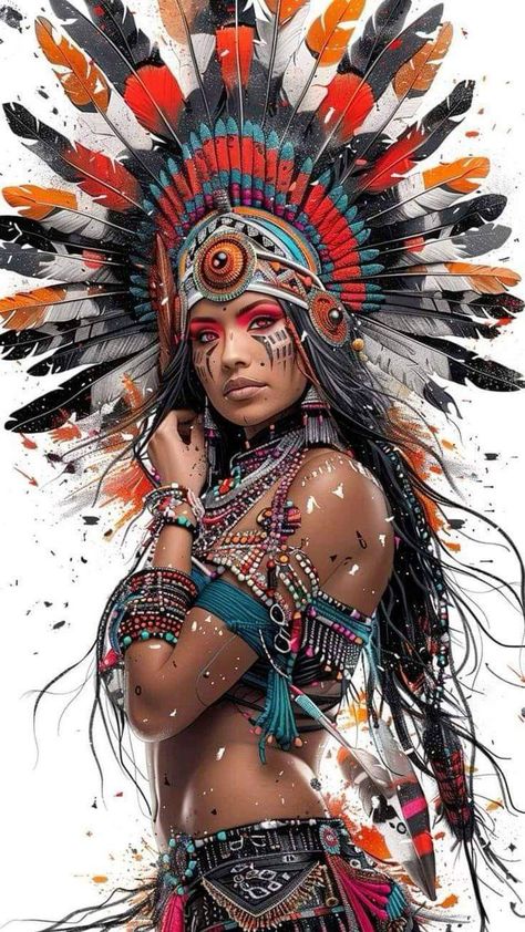 Native American Chief Tattoo, Native American Wall Art, Female Warrior Tattoo, Native American Drawing, American Indian Artwork, Aztec Artwork, Native American Tattoo, Native American Paintings, Native American Warrior