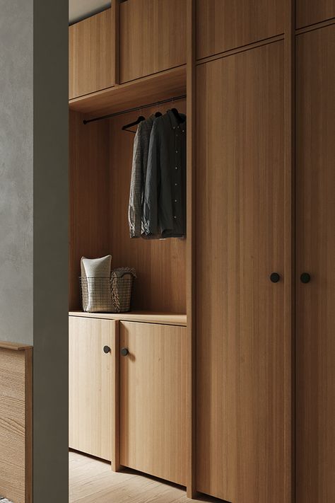 Japan Wardrobe Design, Entryway With Armoire, Modern Built In Wardrobe, Mountain House Interior, Armoire Design, Armoire Entree, Bedroom Upgrade, Joinery Details, Japandi Interior