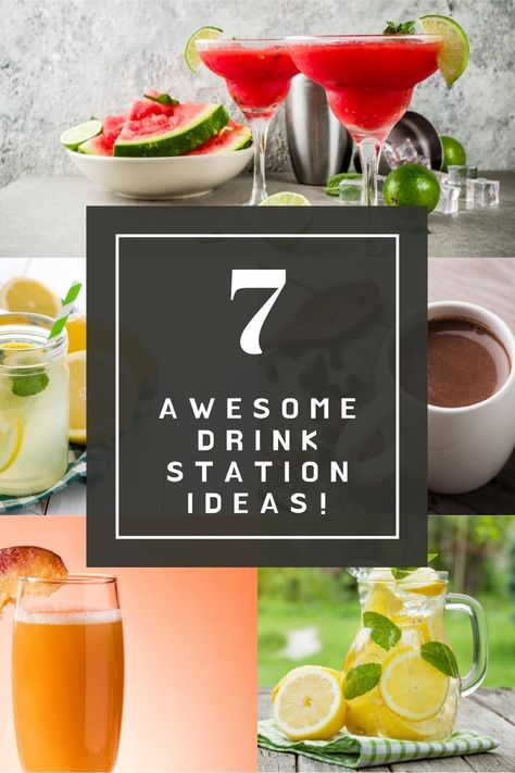 Planning an event and after a fun way to serve your guests beverages? Why not opt for a fun and unique drink station?! From lemonade stands (with a twist!) to frozen margarita bars, the 7 awesome drink station ideas in this article are a must-see! Party Beverage Station Ideas, Self Serve Margarita Bar, Lemonade Bar Beverage Stations, Beverage Bar Ideas Drink Stations, Margarita Bar Ideas Drink Stations, Margarita Bar Ideas, Margarita Bars, Ice Tea Bar, Drink Station Ideas