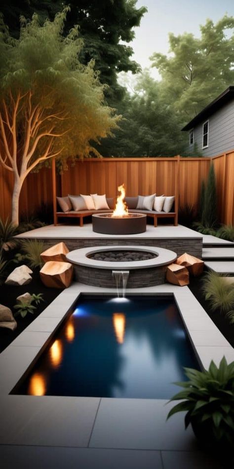 30 Breathtaking Backyard Plunge Pools Redefining Luxury Living - Peak Patio Life Pool Jacuzzi Combo Backyard, Small Pool And Fire Pit Backyard, Small Luxury Backyard, Plunge Pool Ideas Small Spaces, Backyard With Pool Ideas, Small Pools For Small Yards, Plunge Pool Ideas, Small Backyard Pool Ideas, Pool Garage