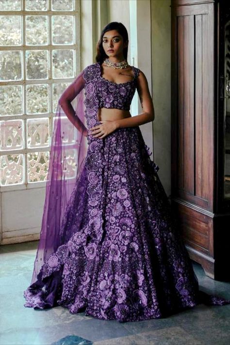 Purple Reception Lehenga, Dark Purple Indian Outfit, Dark Purple Lengha, Purple Lehenga Color Combos, Purple Indian Wedding Dress, Purple Lehenga Bridal, Purple Indian Outfit, Purple Indian Dress, Purple Bridal Lehenga