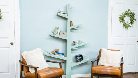 Is repurposing furniture part of your Spring bucket list? Home & Family’s Ken Wingard repurposes plywood to make a DIY Tree Bookshelf! Save this pin and enter for a chance to win Hallmark Channel’s Spring Fever Bucket List Sweepstakes! https://hallmarkchannel.wishpond.com/springfever/  #HomeandFamily #HallmarkChannel #SpringFever #Sweepstakes Diy Tree Bookshelf, Floating Shelves Book, Tree Shelves, Reading Book Aesthetic, Books Shelves, Tree Bookcase, Creative Bookshelves, Tree Bookshelf, Tree Shelf