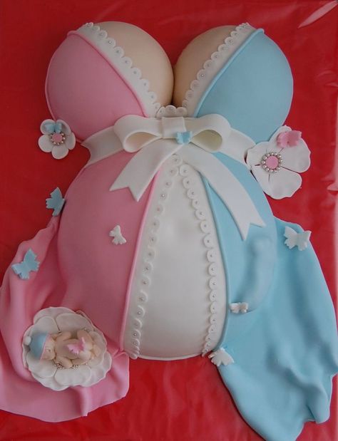 Pregnant belly gender reveal baby shower cake Gateau Baby Shower Garcon, Baby Belly Cake, Pregnant Belly Cakes, Baby Bump Cakes, Baby Reveal Cakes, Baby Shower Cake Designs, Belly Cakes, Pregnant Cake, Cake Boy