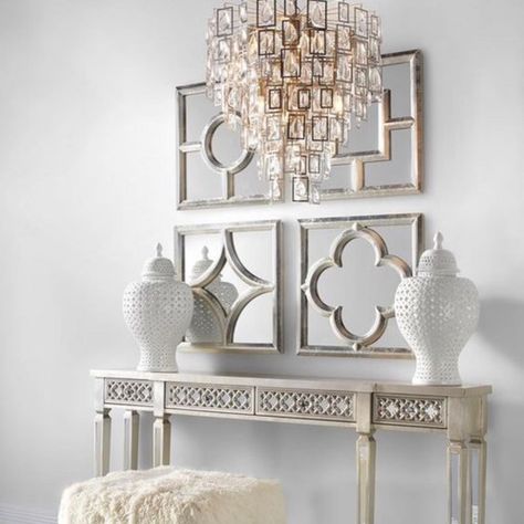 Having white nuances, this foyer will look fuller and brighter. The white urn ornament that is displayed on the console table level will present its own charm and look beautiful without being overwhelming. Coupled with the chandelier that is right above the console table will make this urn ornament look very prominent. White Urn Ornament from @tracyfitzgeraldaz_ #foyerdecorideas Glam Interior Design, Interior Design Career, Foyer Decor, Foyer Decorating, Z Gallerie, Geometric Decor, Home Modern, 2017 Fashion, Home Office Furniture