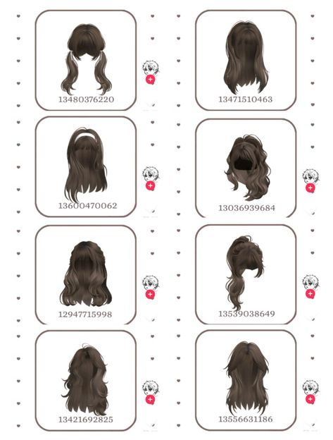 Roblox Codes Brookhaven Hair, Brunette Hair Codes, Berry Avenue Codes Hair Brown, Brown Hair Roblox Id, Brown Hair Id, Modern Decals, Brown Hair Roblox, Pelo Cafe, Roblox Hair