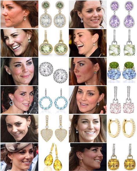 Kate's updated @kikimcdonough earring collection (left to right, top to bottom): 1: Special edition earrings made of green tourmalines, green amethysts and diamonds - made especially to celebrate Charlotte's birth. 2: Lavender amethyst pear and oval drops £3,900 / $5,686 3: Green amethyst and diamond oval drop earrings £2,600 / $3,900 4: Green amethyst and diamond cushion drop earrings £1,300 / $1,950 5: White topaz and diamond stud earrings £1,210 / $1,815 6: Large peridot and blue topaz do... Kate Middleton Earrings, Kate Middleton Jewelry, Looks Kate Middleton, Kiki Mcdonough, Princess Katherine, Royal Crowns, Lavender Amethyst, Catherine Duchess Of Cambridge, Princess Kate Middleton