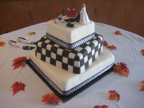 Race car theme wedding cake. - She wanted the checkered flag effect on the middle tier. Chocolate cake/bavarian filling. Car Theme Wedding, Race Car Wedding, Checkered Flag Wedding, Nascar Wedding, Car Themed Wedding, Racing Wedding, Race Wedding, Car Cakes, Race Car Themes