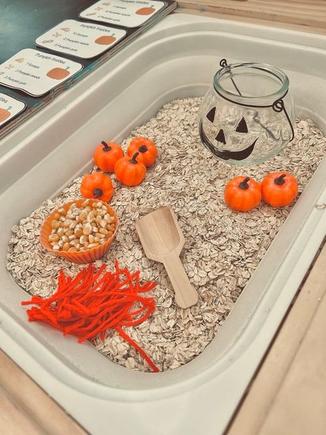 Use recipe cards for sensory fun, designed to spark creativity and sensory exploration at home. Halloween Toddler Sensory Bin, Toddler Halloween Sensory Activities, Pumpkin Soup Sensory Bin, Pumpkin Theme Sensory Bin, Fall Toddler Sensory Bins, Toddler Halloween Sensory Bins, Pumpkin Sensory Bin Preschool, Toddler Pumpkin Activities, Toddler Activities Halloween