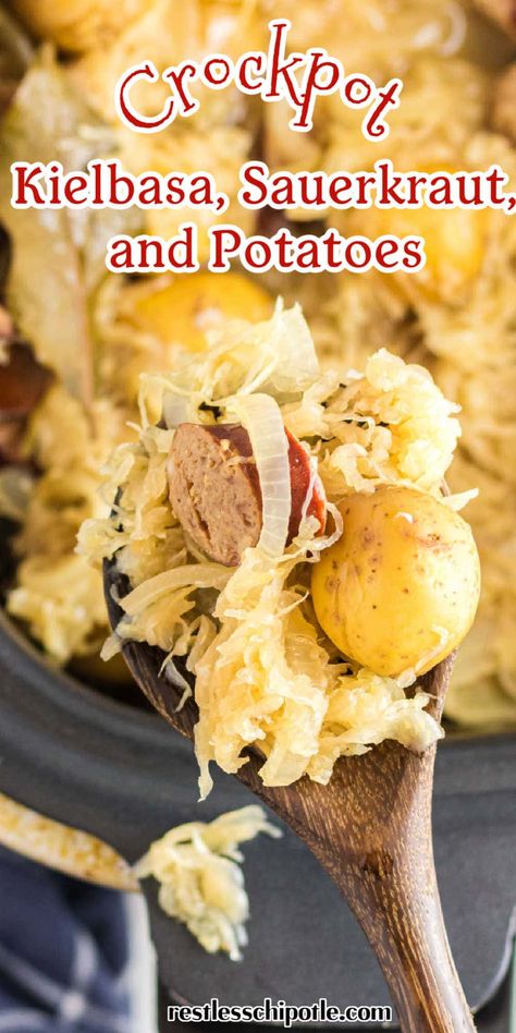 Easy slow cooker recipe with kielbasa, sauerkraut, and potatoes is a yummy, hearty meal that's simple to make and great for busy families Kielbasa Sauerkraut Potatoes Crockpot, Kielbasa And Sauerkraut Sandwich, Sauerkraut And Kielbasa Crockpot, Smoked Sausage Sauerkraut And Potatoes, Slow Cooker Polish Sausage And Potatoes, Slow Cooker Sauerkraut And Kielbasa, Saurkraut And Kielbasa Potatoes, Sauerkraut And Kabasa Recipes Crockpot, Fresh Kielbasa And Sauerkraut Crockpot