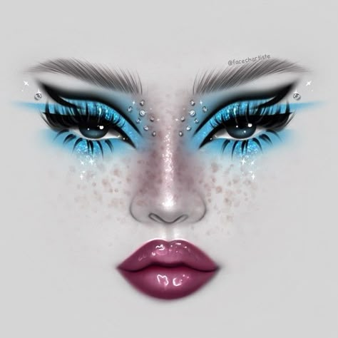 Digital Face Drawing, Makeup Turquoise, Face Chart Makeup, Sky Makeup, Digital Face, Futuristic Makeup, Holloween Makeup, Makeup Charts, Makeup Illustration