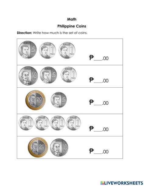 Philippine Money Worksheets Kindergarten, Philippine Money, Money Quiz, Counting Money Worksheets, Money Math Worksheets, Coin Sorting, Money Word Problems, Adding Money, Money Activities