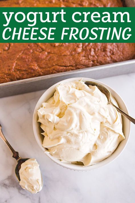 Greek yogurt replaces some of the cream cheese for a slightly lighter cream cheese frosting This frosting recipe is perfectly sweet, tangy, fluffy, and rich. Frost pumpkin cake, red velvet cake, or sugar cookies. #creamcheesefrosting #frostingrecipe #fallbaking #winterbaking #glutenfreerecipe #greekyogurt #creamcheese | robustrecipes.com Cream Cheese Fristing, Healthy Cream Cheese Frosting, Greek Yogurt Frosting, Yogurt Cream Cheese, Healthy Cream Cheese, Cake Red Velvet, Cake Pumpkin, Cream Cheese Appetizer, Pumpkin Sheet Cake