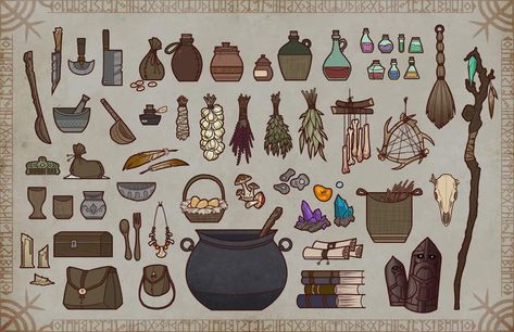 Witch Things Drawing, Kitchen Props Concept Art, Witch Items Drawing, Witch Items Illustration, Witch Props Art, Fantasy Props Art, Witch’s Brew, Witch Cottage Drawing, Witch Objects