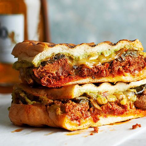 You won't be able to get enough of the hot-and-cool combo of guacamole and bold chorizo in this torta recipe. The crispy panini-style sandwiches get an extra dose of heat from sliced poblano peppers. Sandwich Cakes, Grilled Sandwich Recipe, Cheese Panini, Grilled Sandwiches, Grill Sandwich, Torta Recipe, Panini Recipes, Panini Sandwiches, Poblano Peppers