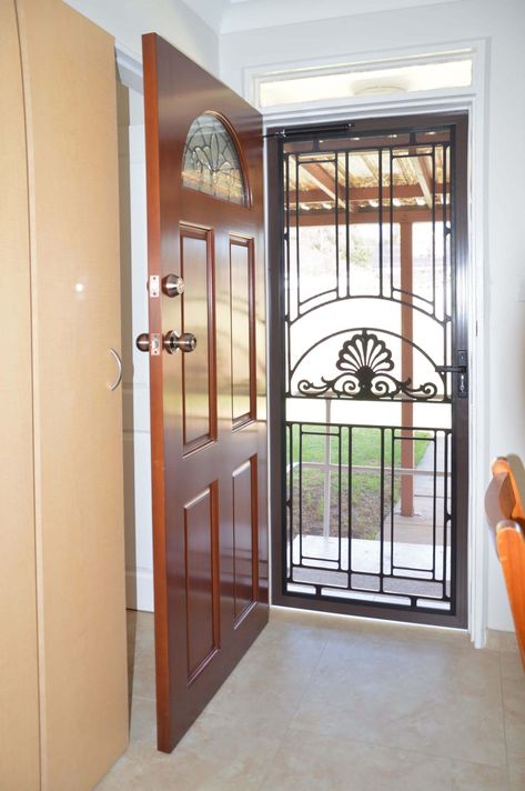 Doors Plus-External-Entrance-Nubreeze-Safety screen hinged door-with grill design on it-in black finish Safety Door Design Entrance Metal, Safety Door Design Entrance Grill, Safety Door Design Entrance, Safety Door Design, Door Design Entrance, Sliding Screen Door, Net Door, Door Grill, Security Screen Door