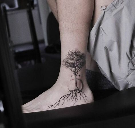 Roots Ankle Tattoo, Tree Of Life Tattoo Ankle, Rooted Tree Tattoo, Ankle Tree Tattoo, Mens Ankle Tattoos, Leaf Ankle Tattoo, Foot And Ankle Tattoo, Tree With Roots Tattoo, Tattoo Roots