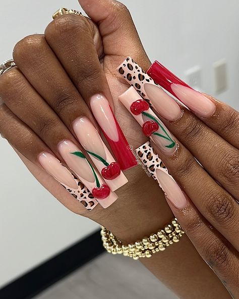 Sculpted cherries 🍒 #explorar #explorepage✨ #explorepages #explorepageready #cherrynails #cherrynails🍒 #nailsofinstagram #nailsonfleek #nailsofig #nailsofinsta #nailsonpoint #losangelesnails Red White And Pink Nails, Cheetah And Cherry Nails, Nails Red Design, French Tip With Cherries, Cherry Design Nails, Red Nails Black Women, Artsy Nails, Cherry French Tip Nails, Red Nail Sets