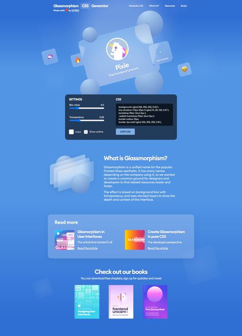 Useful little One Pager to help generate CSS for Glassmorphism elements in your page. Worth noting how they identified a design trend, snatched the matching .com domain, created a very useful tool related to trend and upsell design services, courses and books. Well played! Glass Aesthetic, One Pager, Websites Design, One Page Website, Common Ground, Web App Design, Website Inspiration, Summer Design, Landing Page Design