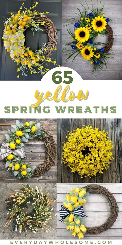 Spring Wreaths For Front Door Diy Summer, Spring Sunflower Wreath, Yellow Spring Wreath For Front Door, Lemon Door Wreath, Easy Spring Wreaths To Make, Spring Door Hangers Diy Wreath Ideas, Spring Diy Wreath Front Doors, Spring Wreath Diy Dollar Stores, Yellow Wreaths For Front Door