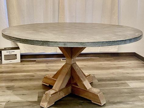 Round Table Base Ideas, Restoration Hardware Concrete Dining Table, Round Concrete Dining Table West Elm, Concrete Round Table, Round Concrete Table, Diy Pedestal Table, Round Concrete Dining Table, Diy Pedestal, 60” Round Concrete Table