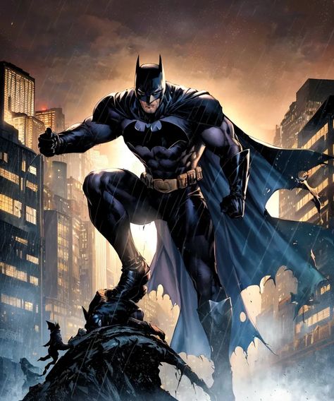 The image shows Batman, a superhero from DC Comics. He is standing on a rooftop in a fighting stance, looking out over a dark city. He is wearing his classic black and gray costume, with a yellow utility belt and a long, flowing cape. The city is in the background, with tall buildings and a dark sky. The rain is falling, and the wind is blowing Batman's cape. Gray Costume, Batman Cape, Tall Buildings, Dark City, Dark Sky, Utility Belt, Dark Skies, Image Generator, Black And Gray