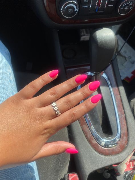 Solid Pink Acrylic Nails Almond, Hot Pink Almond Shaped Nails, Short Almond Hot Pink Nails, Almond Shape Hot Pink Nails, Oval Hot Pink Nails, Cute Acrylic Nails For Summer Almond, Shapes Of Acrylic Nails, Spring Break Nail Ideas Almond, Short Almond Nails Summer Colors