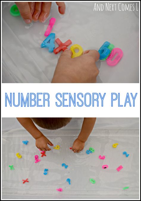 Early math water sensory play for kids using number magnets from And Next Comes L Number Sensory Bin, Water Sensory Bin, Water Sensory Play, Constructive Play, Early Numeracy, Preschool Journals, Teaching Games, Sensory Activities For Preschoolers, Number Learning