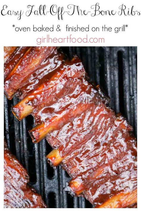 This recipe for easy fall-off-the-bone ribs is delicious! Pork ribs are coated with a simple spice mixture, baked, brushed with bbq sauce & then grilled. The only rib recipe you'll need! #ribs #pork #grilling #bbq #barbecue #falloffboneribs #ovenbakedribs #grilledribs #spiceblendforribs #dryrubforribs Easy Rib Recipes, Fall Off The Bone Ribs, Ribs In Oven, Oven Baked Ribs, Bbq Pork Ribs, Rib Recipe, Baked Ribs, Pork Rib Recipes, Barbecue Ribs