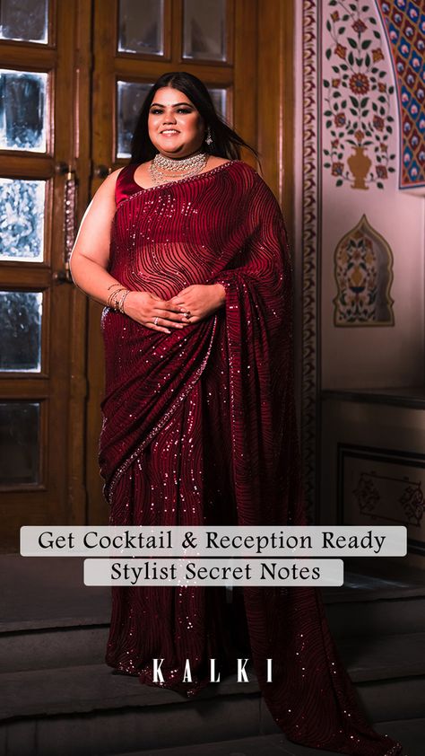 Plus Size Saree Look, Plus Size Saree, Shimmer Saree, Reception Outfits, Reception Saree, Wedding Dance Video, Plus Size Brides, Kalki Fashion, Blush Nails