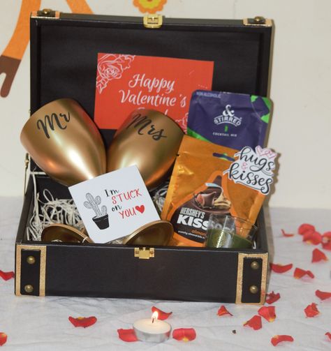 A date night hamper curated with non breakable wine glasses, cocktail mix, chocolates, scented candle to infuse the aroma all around 🥰 the box can be later used as jewellery organiser. Jewellery Organiser, Cocktail Mix, Valentine Gift, Scented Candle, Wine Glasses, The Box, Happy Valentine, Chocolates, Scented Candles