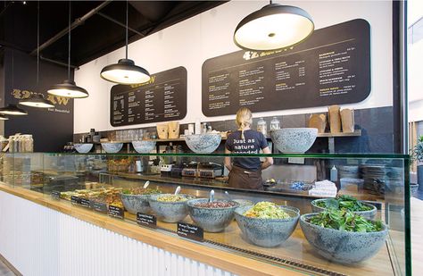 Salad Bar Restaurants, Salad Shop, Cafe Counter, Cafe Concept, Food Retail, Healthy Restaurant, Vegan Cafe, Coffee Shops Interior, 카페 인테리어 디자인