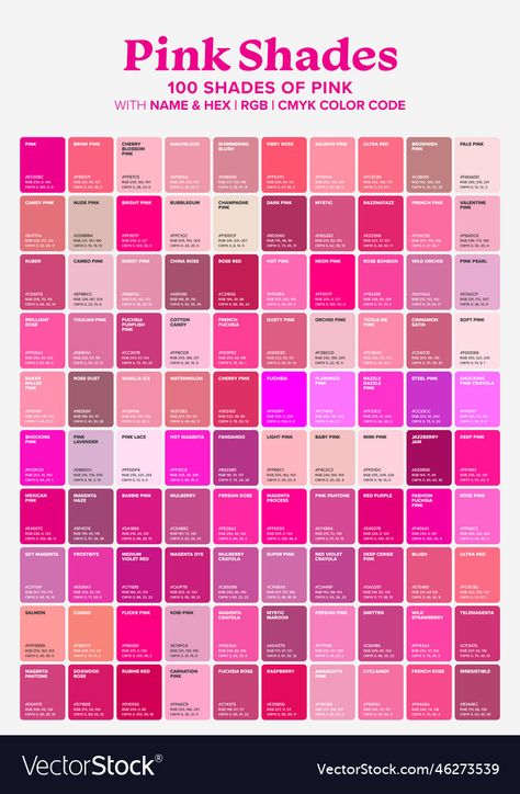 Fandango Color, Pink Color Chart, Pink Swatches, Shade Background, Color Names Chart, Swatches Color, Color Knowledge, Pink Color Palette, Pink Names