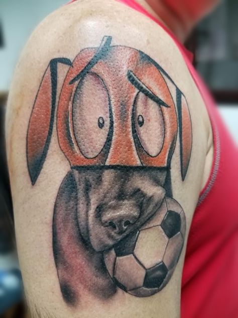 Cartoon Realism Tattoo, Tattoos For Dog Lovers, Realism Tattoo, Cartoon Tattoos, Dog Tattoo, Cartoon Dog, Animal Tattoos, Realism, Cool Tattoos