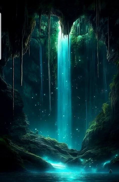 Cave With Waterfall, Fantasy Lagoon, Water Fantasy Art, Glowing Waterfall, Science Fantasy Art, Dark Fantasy Background, Enchanted Waterfall, Shadow Landscape, Fantasy Waterfall