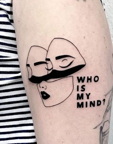 Head Split In Half Drawing, Masking Emotions Tattoo, Hooded Figure Tattoo, Chaotic Mind Tattoo, Good Bad Tattoo, Multiple Personality Tattoo, Dissociated Tattoo, Intrusive Thought Tattoo, Tattoo Ideas For Borderline Personality