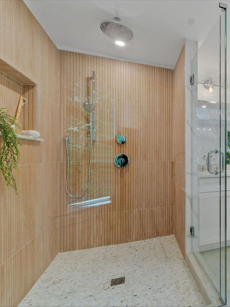 Wooden Shower Tiles, Montgomery Maple Tile, Faux Wood Vertical Shower Tile, Wood Look Shower Tile Ideas, Vertical Wood Tile Shower Ideas, Wood Plank Tile Shower Wall, Faux Wood Shower Tile, Wood Spa Bathroom, Maple Ribbon Tile Bathroom