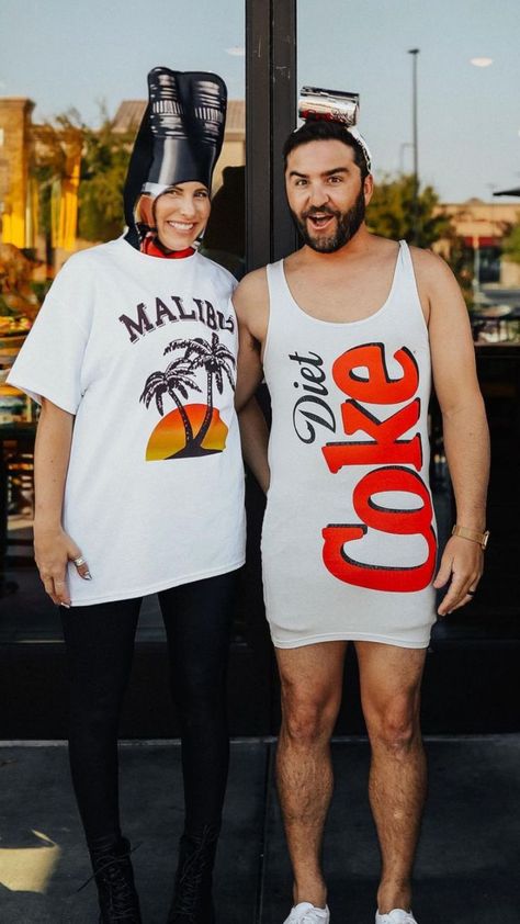 We're big Malibu & Diet people so this rum and coke costume couple halloween was a must!!  Definitely one of our favorite funny couples Halloween costume ideas!  Steal this creative couples costume ideas for Halloween 2024!! Malibu Costume, Coke Costume, Funny Couples Halloween Costume, Costume Couple Halloween, Matching Mommy Daughter, Couples Costume Ideas, Rum And Coke, Costume Ideas For Halloween, Couples Costumes Creative