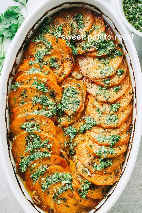 Sweet Potato Roast with Parsley Pesto - Tender, extra-flavorful roasted sweet potatoes with olive oil, a touch of butter, fragrant berbere spice, and topped with the most delicious parsley pesto. Thanksgiving Recipes Side Dishes Easy, Thanksgiving Dinner For Two, Dinner For Two Recipes, Sweet Potato Side Dish, Recipe Sweet Potato, Parsley Pesto, Slow Cooker Bread, Thanksgiving Side Dishes Easy, Thanksgiving Recipes Side Dishes