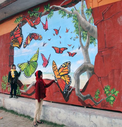 Butterflies 3d Street Art - Kolkata, India by Tracy Lee Stum & Pancharathi Artist Collective Murals Street Art Wall Interactive, Graffiti Nature Murals, Street Wall Painting Ideas, Murals Street Art Wall, Street Painting Wall, Street Mural Art, Street Wall Painting, Street Art Graffiti Murals, 3d Painting Wall