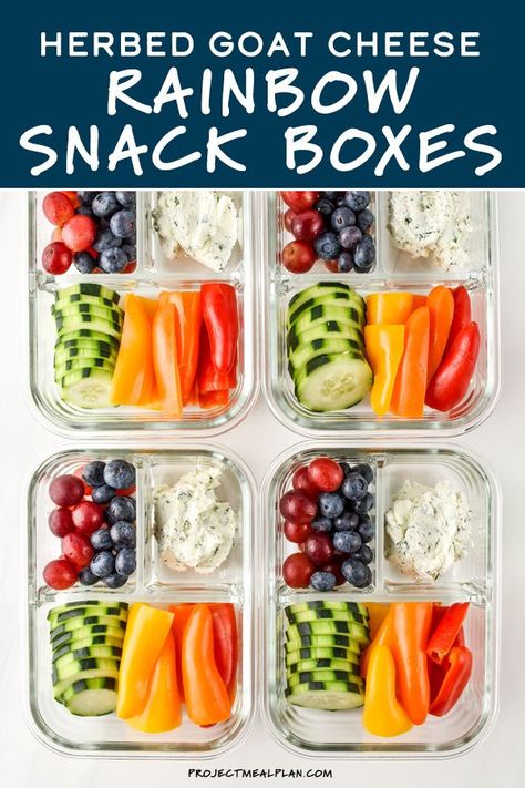 Eat the rainbow with these Herbed Goat Cheese Rainbow Snack Boxes – the perfect meal prep snack idea! Dip cucumbers and mini peppers in herbed goat cheese + red grapes and blueberries to complete the rainbow! Swap in your favorite fruits and veggies to customize! Meal Prep Boxes, Easy Healthy Snacks, Herbed Goat Cheese, Snack Boxes Healthy, Rainbow Snacks, Snack Boxes, Meal Prep Snacks, Best Meal Prep, Veggie Snacks