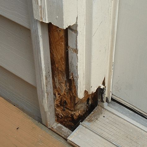 Replace Exterior Door, Door Frame Repair, Exterior Door Frame, Exterior Door Trim, Wood Door Frame, House Hacks, Wood Repair, Home Fix, Door Repair