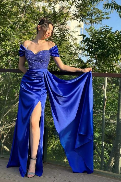 Prom Dresses Long Blue, Split Prom Dresses, Royal Blue Prom Dresses, Bridesmaid Dresses Prom, Pretty Prom Dresses, Evening Dresses Elegant, Night Out Dress, Mermaid Prom Dresses, Blue Satin