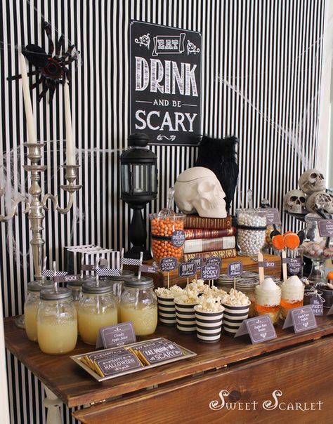 Eat, Drink & Be Scary Halloween Party Decorations For Adults, Halloween Party Dessert Table, Halloween Desserts Scary, Halloween Party Ideas Decorations, Party Decorations For Adults, Halloween Party Desserts, Diy Halloween Home Decor, Halloween Dessert Table, Halloween Candy Bar