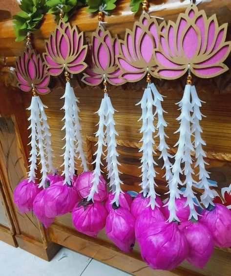 Lotus Flower Toran, Lotus Hanging Decoration, Lotus Hanging, Lotus Decoration, Lotus Bud, Diwali Lights, Door Hangings, Flower Hanging, Temple Decor