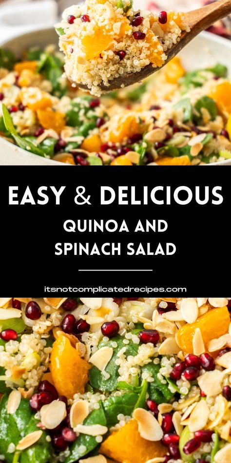 This very easy Quinoa and Spinach Salad is so delicious. As well as being nutrient-dense, it has vibrant colour and the flavoursome tang of citrus. It has a base of nutritious quinoa, with flavour, colour and nutrients added by spring onions, baby spinach, mandarin segments, pomegranate arils and slivered almonds. Enjoy it as a side dish to meat, poultry or fish or a nutritious, meat-free, light meal. Citrus Quinoa Salad, Spinach Quinoa Salad, Quinoa And Spinach, Quinoa Spinach Salad, Mandarine Recipes, Easy Quinoa, Salad Recipes Healthy Easy, Quinoa Salad Recipes, Best Salad Recipes