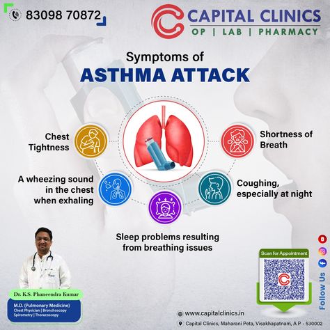 Symptoms of ASTHMA ATTACK Chest Tightness Shortness of Breath Coughing, especially at night A wheezing sound in the chest when exhaling Sleep problems resulting from breathing issues Dr. K.S. Phaneendra Kumar M.D. (Pulmonary Medicine) Chest Physician | Bronchoscopy Spirometry | Thoracoscopy #ChestDisease #PreventiveHealthCare #QualityTreatment #Capitalclinic #Dr K S Phaneendra Kumar #LungsHealth #PulmonaryEmbolism #COPD #Lungs #PreventionBeforeCure #BecauseWeCare #HealthyLifestyle #pulmono... Symptoms Of Asthma, Chest Tightness, Asthma Attack, Preventive Healthcare, Dr K, Medicine Chest, Asthma Symptoms, Lungs Health, Asthma Attacks